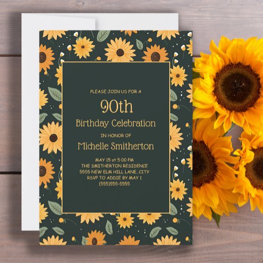 Gelbe Sonnenblumen Schwarz 90. Geburtstag Einladung