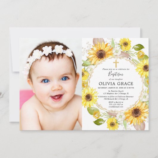 Gelbe Sonnenblumen Taufe Foto Einladung (Vorderseite)