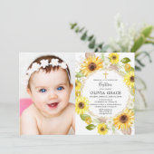Gelbe Sonnenblumen Taufe Foto Einladung (Stehend Vorderseite)