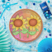 Gelbe Sonnenblumen Texturierte Rosa Grüne Blüte Pappteller (Party)