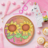 Gelbe Sonnenblumen Texturierte Rosa Grüne Blüte Pappteller (Party)