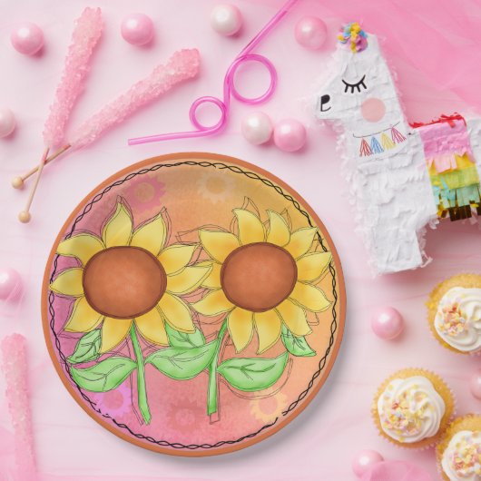 Gelbe Sonnenblumen Texturierte Rosa Grüne Blüte Pappteller (Party)