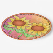 Gelbe Sonnenblumen Texturierte Rosa Grüne Blüte Pappteller (Schrägansicht)