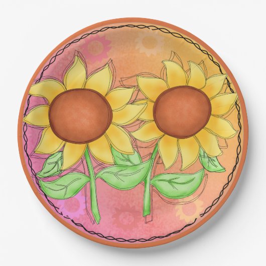 Gelbe Sonnenblumen Texturierte Rosa Grüne Blüte Pappteller (Vorderseite)