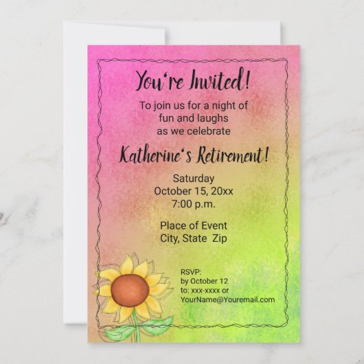 Gelbe Sonnenblumen Texturierte Rosa Grüne Rente Einladung (Rückseite)