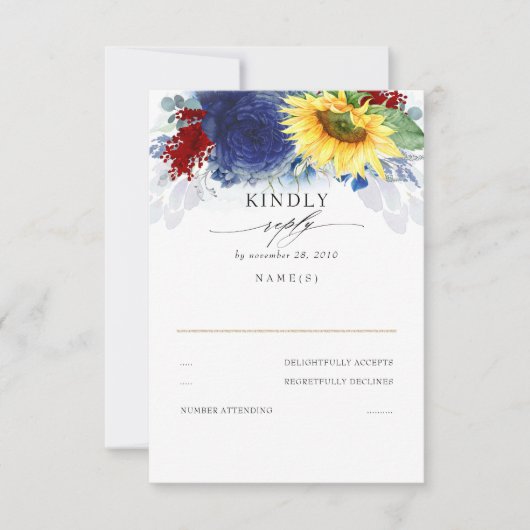 Gelbe Sonnenblumen UAWG Blau und Rote Hochzeit im  RSVP Karte (Vorderseite)