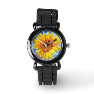 Gelbe Sonnenblumen und Bienen auf blauem Himmel -  Armbanduhr