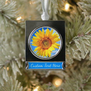 Gelbe Sonnenblumen und Bienen auf blauem Himmel - Banner-Ornament Silber