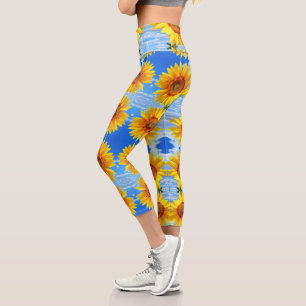 Gelbe Sonnenblumen und Bienen auf blauem Himmel -  Capri Leggings