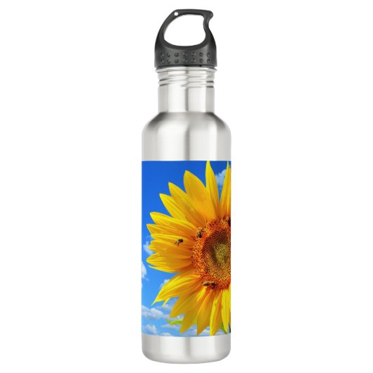 Gelbe Sonnenblumen und Bienen auf blauem Himmel -  Edelstahlflasche (Vorderseite)