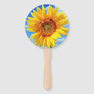 Gelbe Sonnenblumen und Bienen auf blauem Himmel -  Fächer