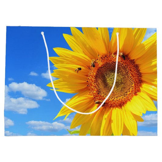Gelbe Sonnenblumen und Bienen auf blauem Himmel - Große Geschenktüte (Rückseite)