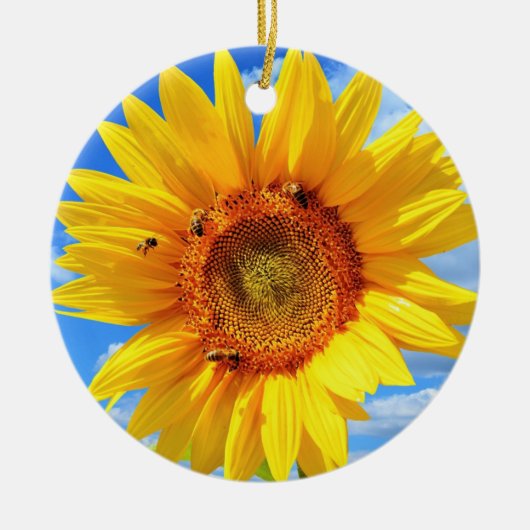 Gelbe Sonnenblumen und Bienen auf blauem Himmel - Keramik Ornament (Vorne)