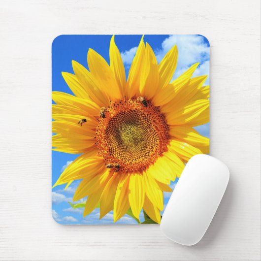 Gelbe Sonnenblumen und Bienen auf blauem Himmel -  Mousepad (Mit Mouse)