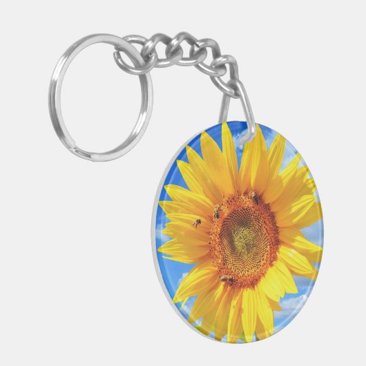 Gelbe Sonnenblumen und Bienen auf blauem Himmel - Schlüsselanhänger (Vorderseite links)