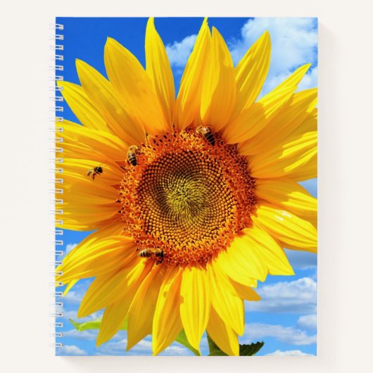 Gelbe Sonnenblumen und Bienen auf Blue Sky Noteboo Notizblock (Vorderseite)