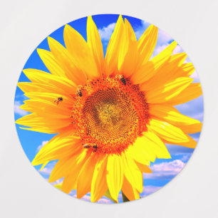 Gelbe Sonnenblumen und Bienenmarken Etiketten