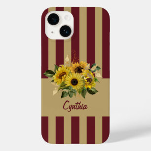 Gelbe Sonnenblumen und Burgund und Gold gestreift Case-Mate iPhone 14 Hülle