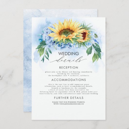 Gelbe Sonnenblumen und dunkelblaue Hochzeitsdetail Begleitkarte (Vorne/Hinten)