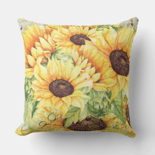 Gelbe Sonnenblumen und Grünpflanzen in Aquarelltön Kissen