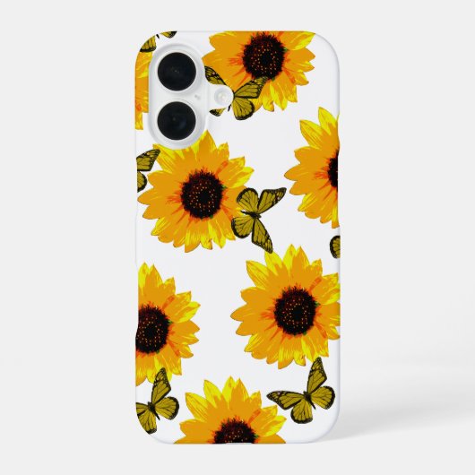 Gelbe Sonnenblumen und Schmetterlinge, iPhone 16 Hülle (Rückseite)