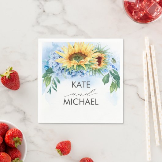 Gelbe Sonnenblumen und trockener blauer Hydrangea  Serviette (Beispiel)