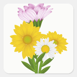 Gelbe Sonnenblumen und weiße Margeriten Blumen Quadratischer Aufkleber
