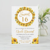 Gelbe Sonnenblumen Wasserfarbe Süße 16 Einladung (Stehend Vorderseite)