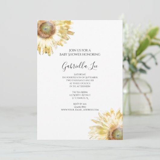 Gelbe Sonnenblumen Wasserfarben Babydusche Einladung (Stehend Vorderseite)