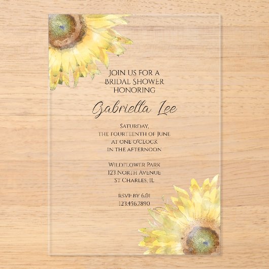 Gelbe Sonnenblumen Wasserfarbenes Brautparty Acryleinladungen (Vorderseite)