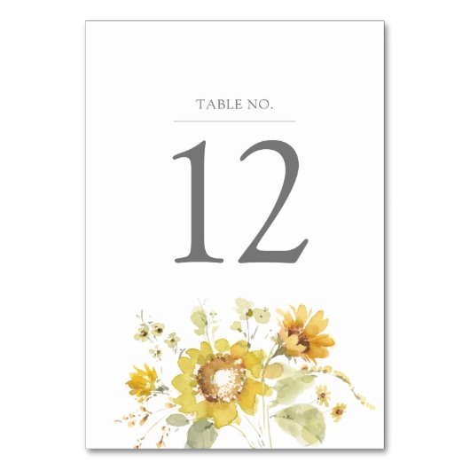 Gelbe Sonnenblumen-Watercolor-Hochzeit Tischnummer (Vorderseite)