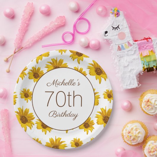 Gelbe Sonnenblumen Weiß 70. Geburtstag Pappteller (Party)