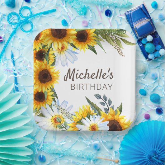 Gelbe Sonnenblumen Weiße Daisien Geburtsname Pappteller (Party)