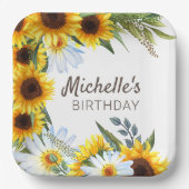 Gelbe Sonnenblumen Weiße Daisien Geburtsname Pappteller (Vorderseite)