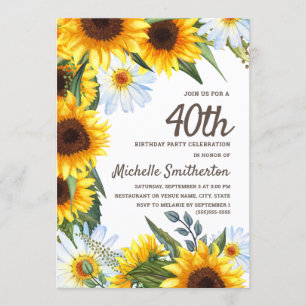 Gelbe Sonnenblumen Weiße Daisies 40. Geburtstag Einladung