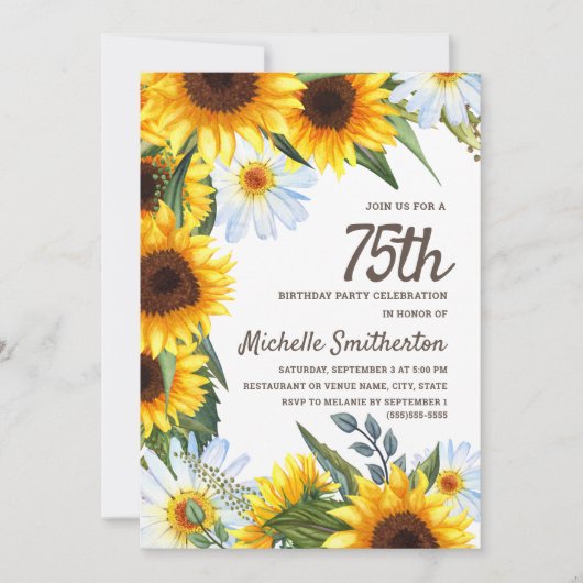 Gelbe Sonnenblumen Weiße Daisies 75. Geburtstag Einladung (Vorderseite)