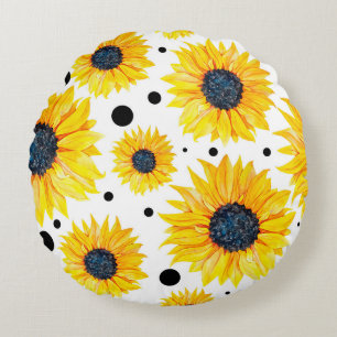Gelbe Sonnenblumen Weißer Hintergrund Muster Rundes Kissen