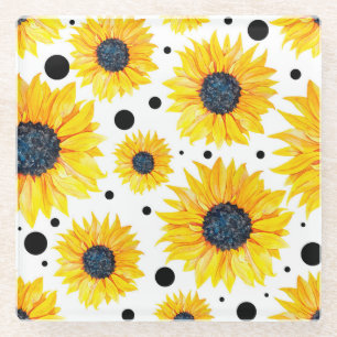 Gelbe Sonnenblumen Weißes Hintergrundmuster Glasuntersetzer