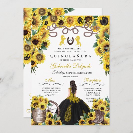 Gelbe Sonnenblumen Western Charro Quinceanera Einladung (Vorne/Hinten)