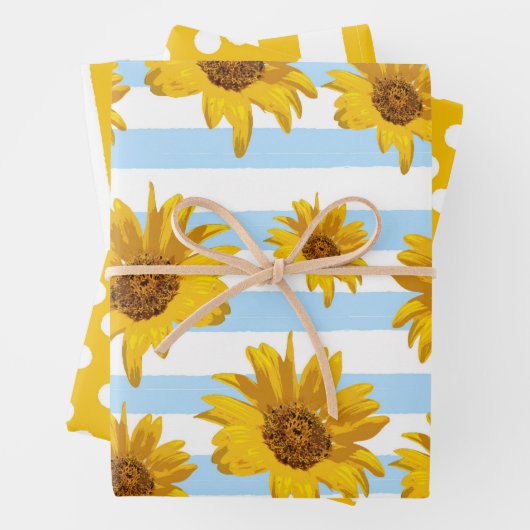 Gelbe Sonnenblumenfelder und Streifen-Muster Geschenkpapier Set (Beispiel)