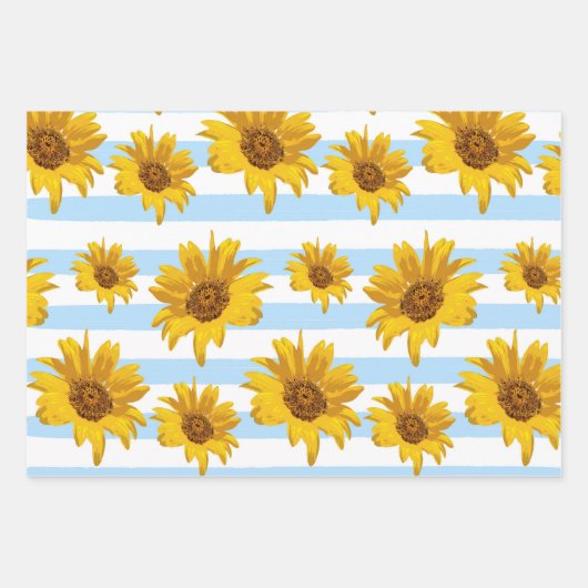Gelbe Sonnenblumenfelder und Streifen-Muster Geschenkpapier Set (Vorderseite)