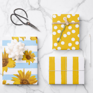 Gelbe Sonnenblumenfelder und Streifen-Muster Geschenkpapier Set