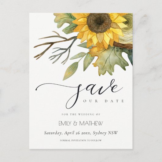 GELBE SONNENBLUMENFLUSSFLÜGE SAVE THE DATE ANKÜNDIGUNGSPOSTKARTE (Vorderseite)