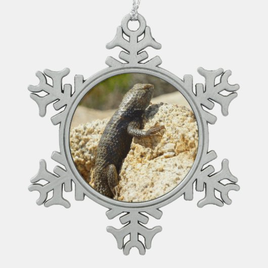 Gelbe Spiny Lizard bei Joshua Tree Schneeflocken Zinn-Ornament (Vorderseite)