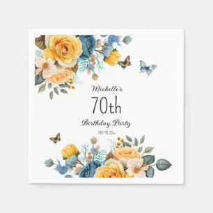 Gelbe staubblaue Rosen Schmetterlinge 70. Geburtst Serviette