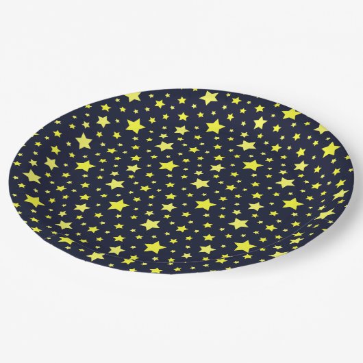 Gelbe Sterne und dunkelblaues Muster Pappteller (Schrägansicht)