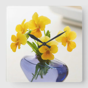 Gelbe Stiefmütterchen Lila Vase Pansy Blume Welln Quadratische Wanduhr