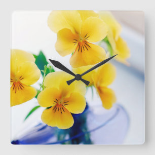 Gelbe Stiefmütterchen Lila Vase Pansy Blume Welln Quadratische Wanduhr