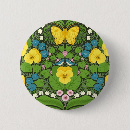 Gelbe Stiefmütterchen, Vögel und Schmetterlinge Button (Vorderseite)