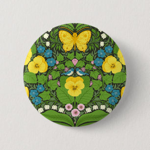 Gelbe Stiefmütterchen, Vögel und Schmetterlinge Button